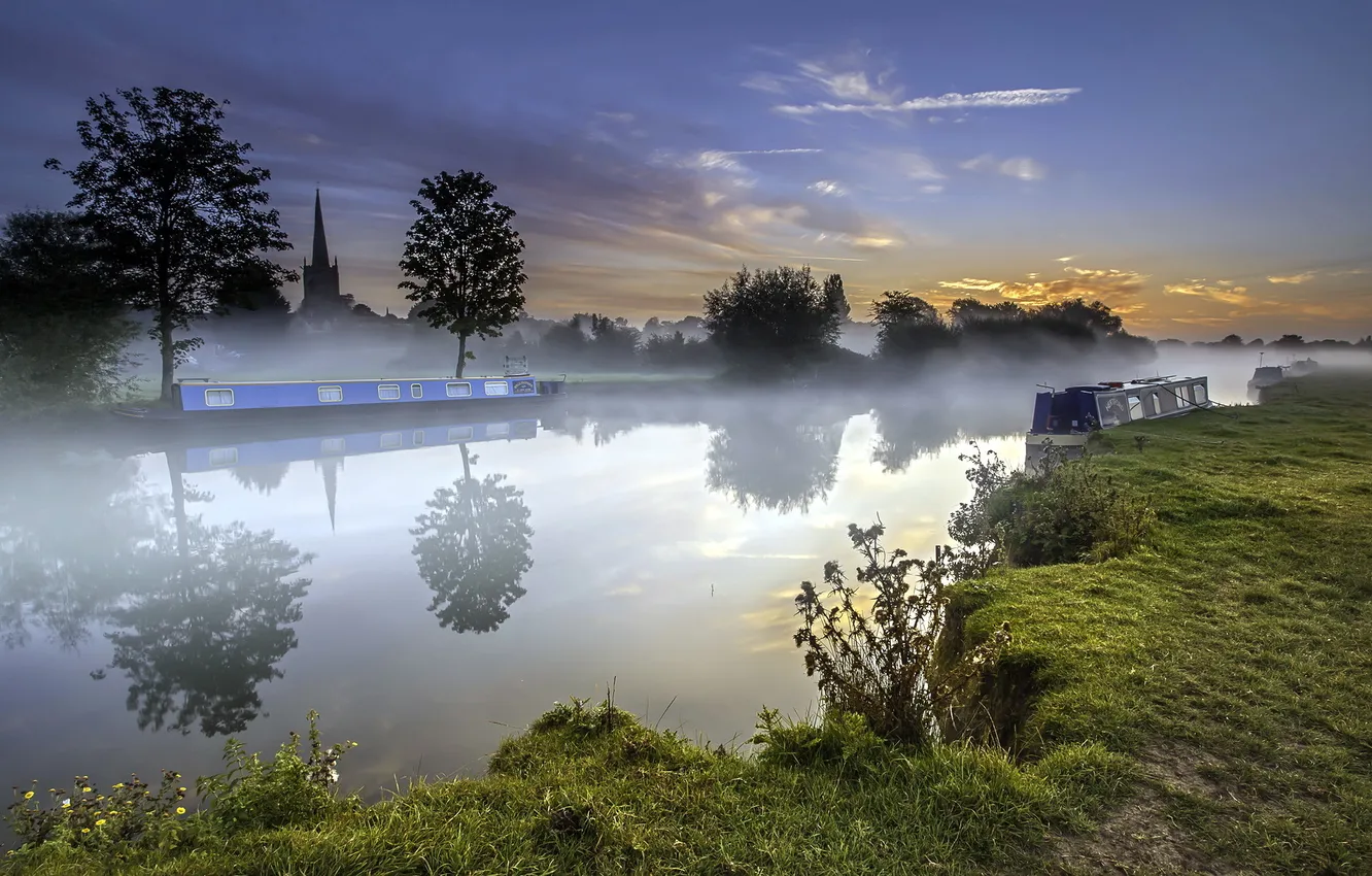 Photo wallpaper the city, fog, river, ship