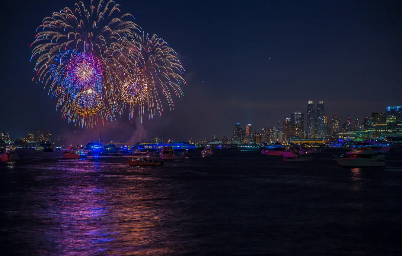 Photo wallpaper night, the city, holiday, fireworks, fireworks, July 4, New York City-2, The Hudson