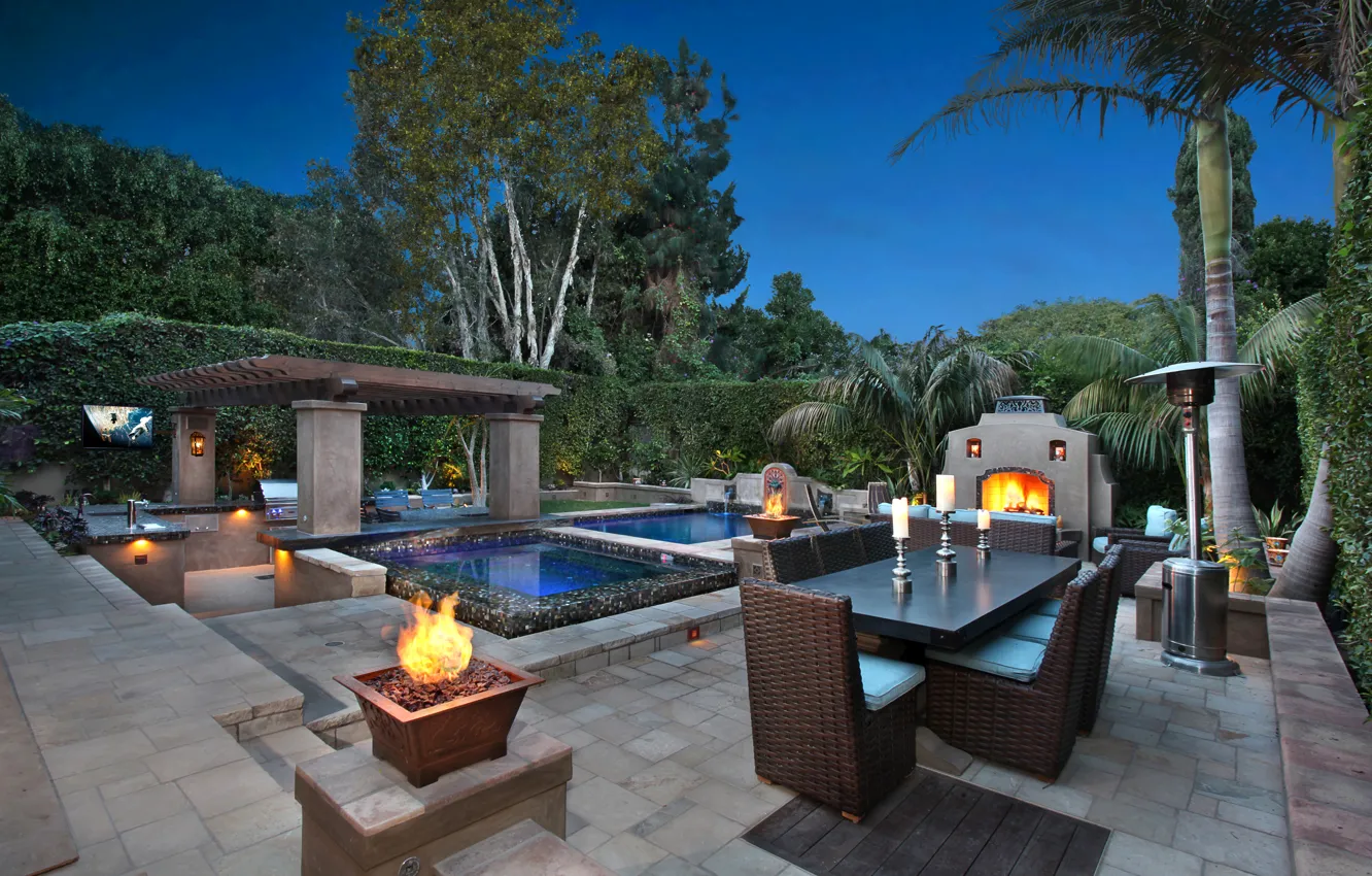 Photo wallpaper trees, night, table, candles, pool, fireplace