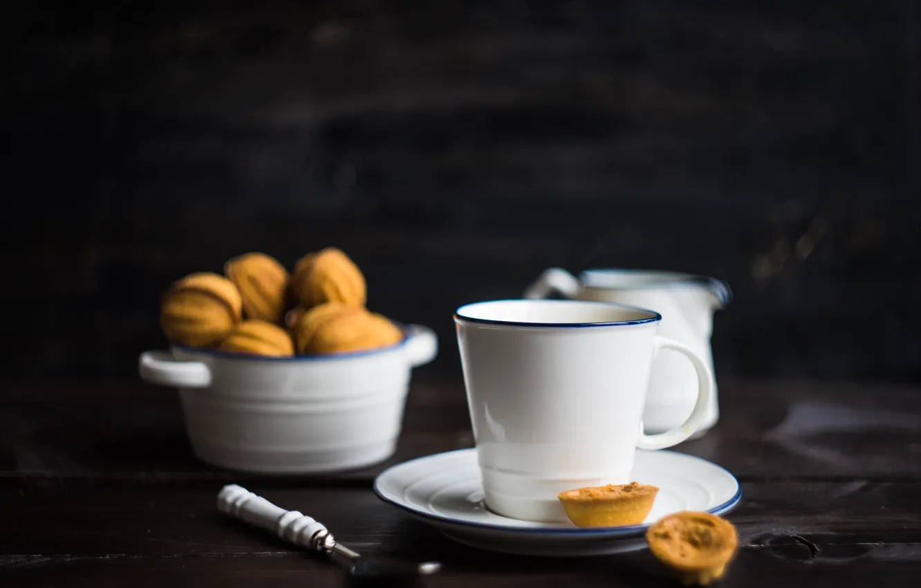 Photo wallpaper table, tea, cookies, Cup, saucer, nuts