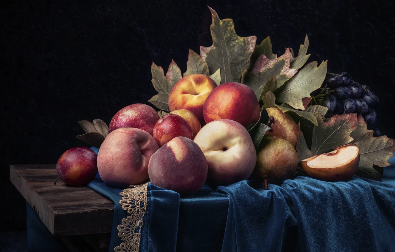 Photo wallpaper the dark background, grapes, fruit, still life, peaches, pear, a lot, nectarine