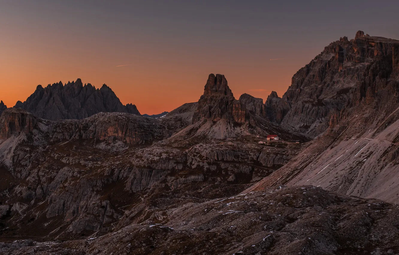 Photo wallpaper sunset, mountains, rocks, house