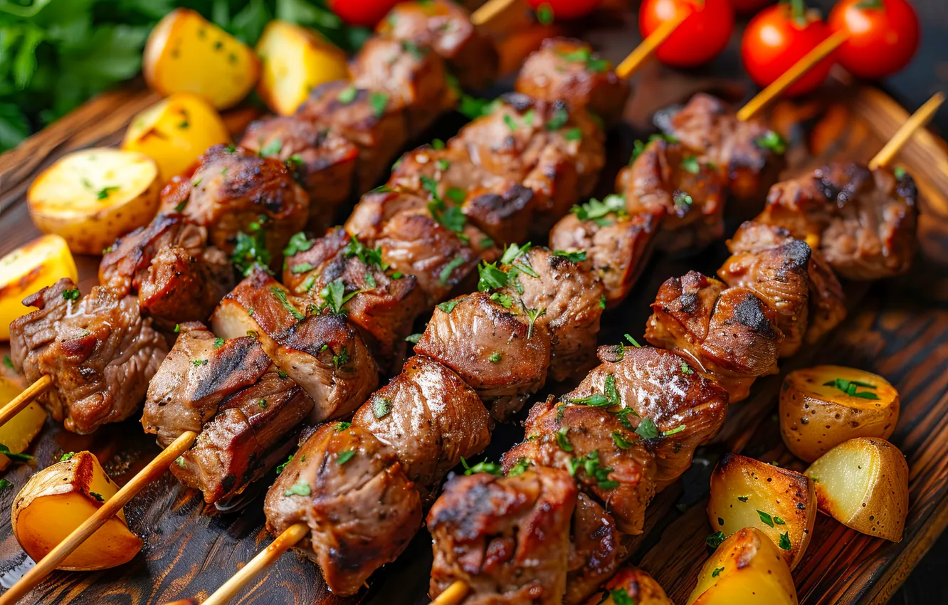Photo wallpaper meat, vegetables, tomatoes, kebab, skewers, piece, potatoes, cutting Board