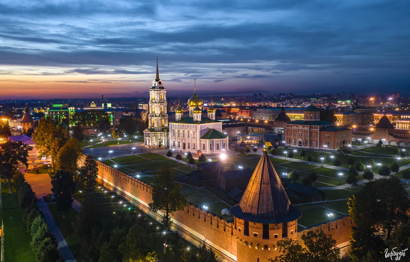 Photo wallpaper the city, wall, tower, the evening, lighting, temple, The Kremlin, Tula