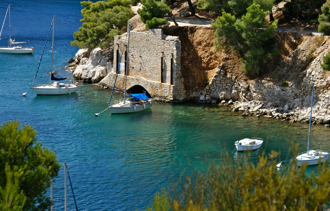 Photo wallpaper sea, rocks, boat, France, yacht, Cassis