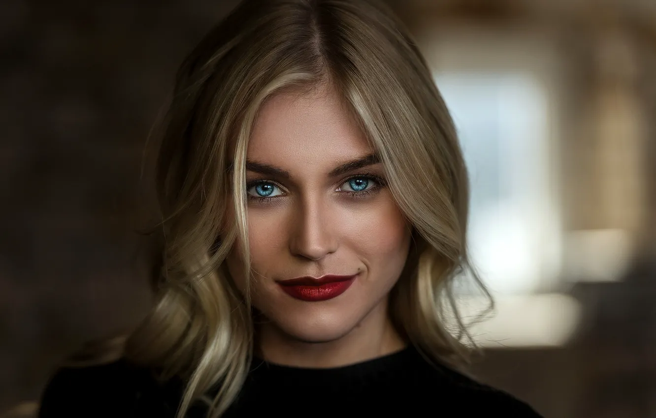 Photo wallpaper smile, portrait, makeup, hairstyle, blonde, beauty, in black, bokeh