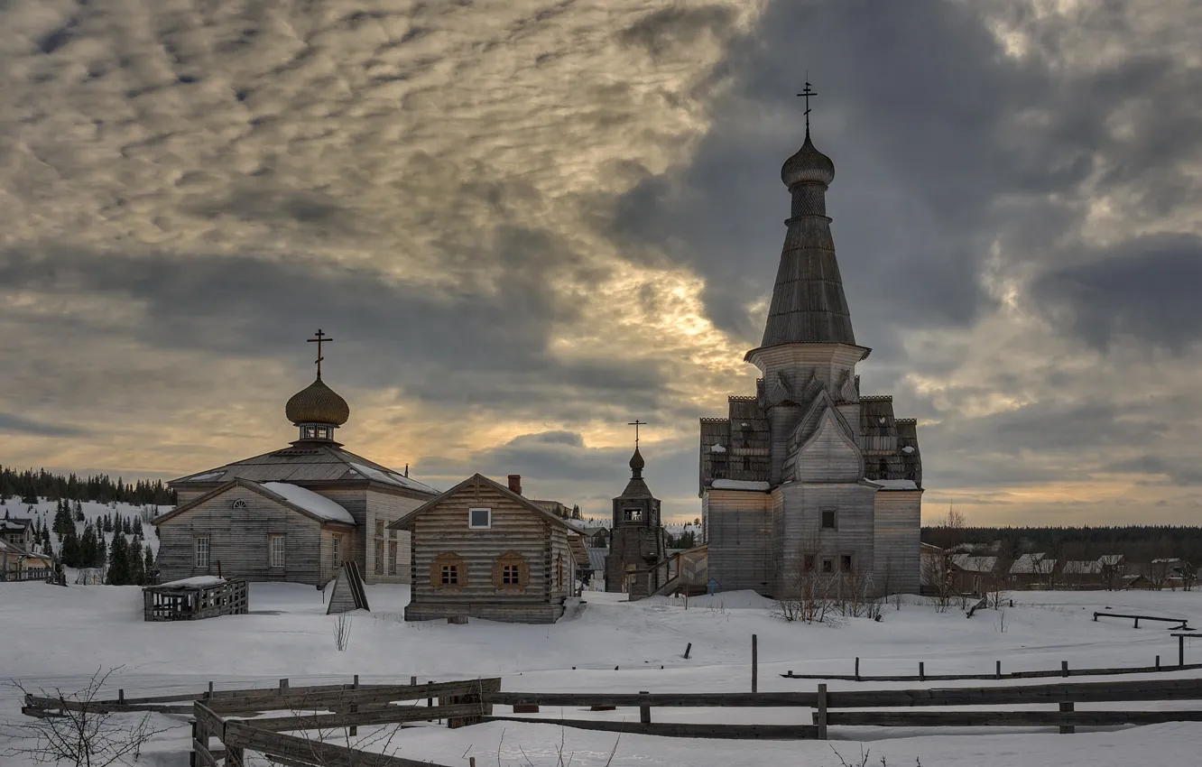 Photo wallpaper spring, the evening, Church, the village, Murmansk oblast, Varzuga