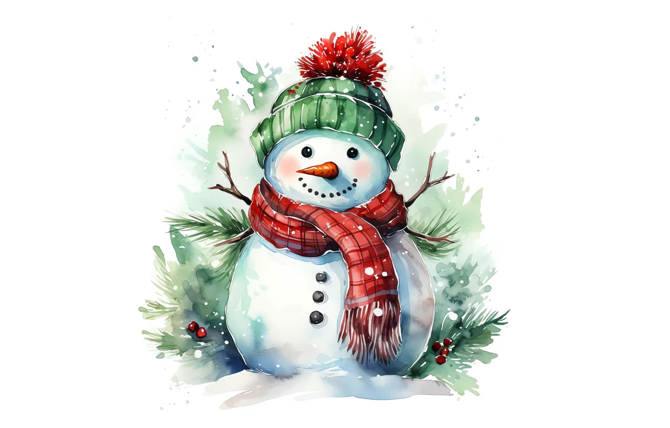 Photo wallpaper branches, hat, figure, new year, scarf, Christmas, white background, snowman