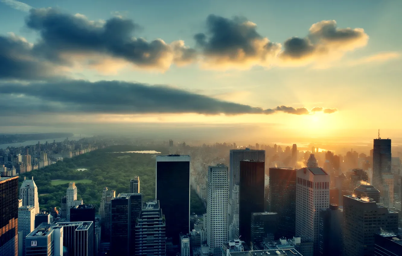 Photo wallpaper the sky, the sun, clouds, sunset, Park, New York, NYC, skyscrapers