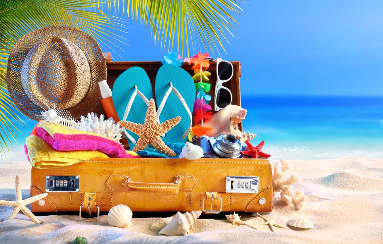 Photo wallpaper sand, sea, beach, summer, the sky, palm trees, stay, vacation