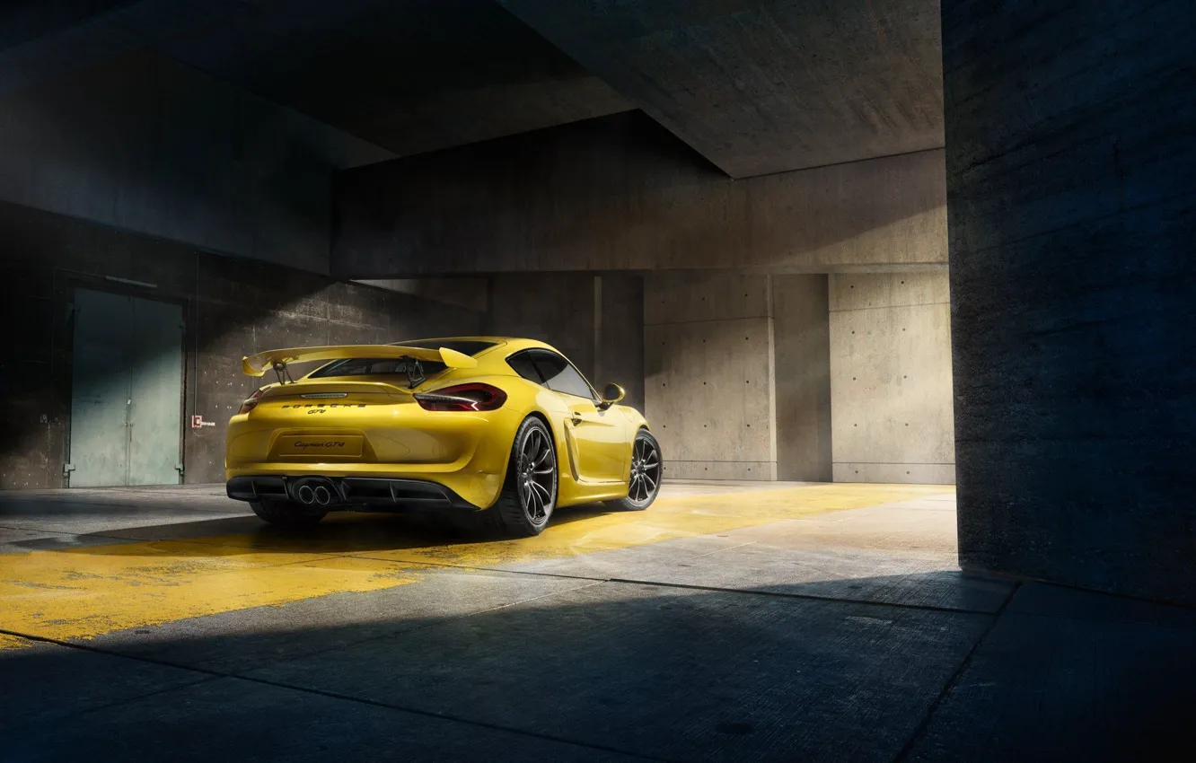 Photo wallpaper Porsche, Cayman, Yellow, Parking, Supercar, GT4, Rear, 2015