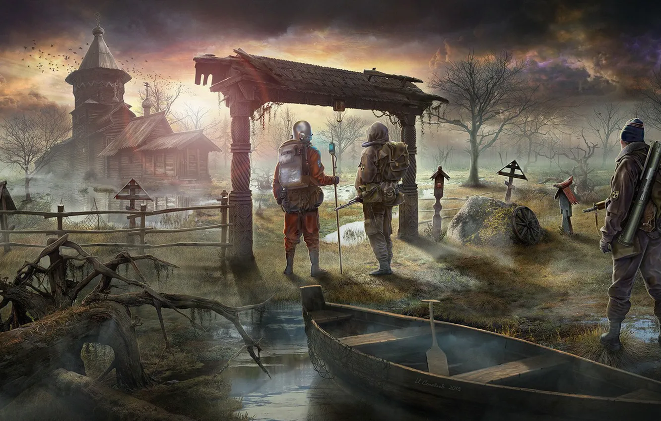 Photo wallpaper boat, swamp, art, soldiers, Chernobyl, Stalker, Stalker, cherkovi