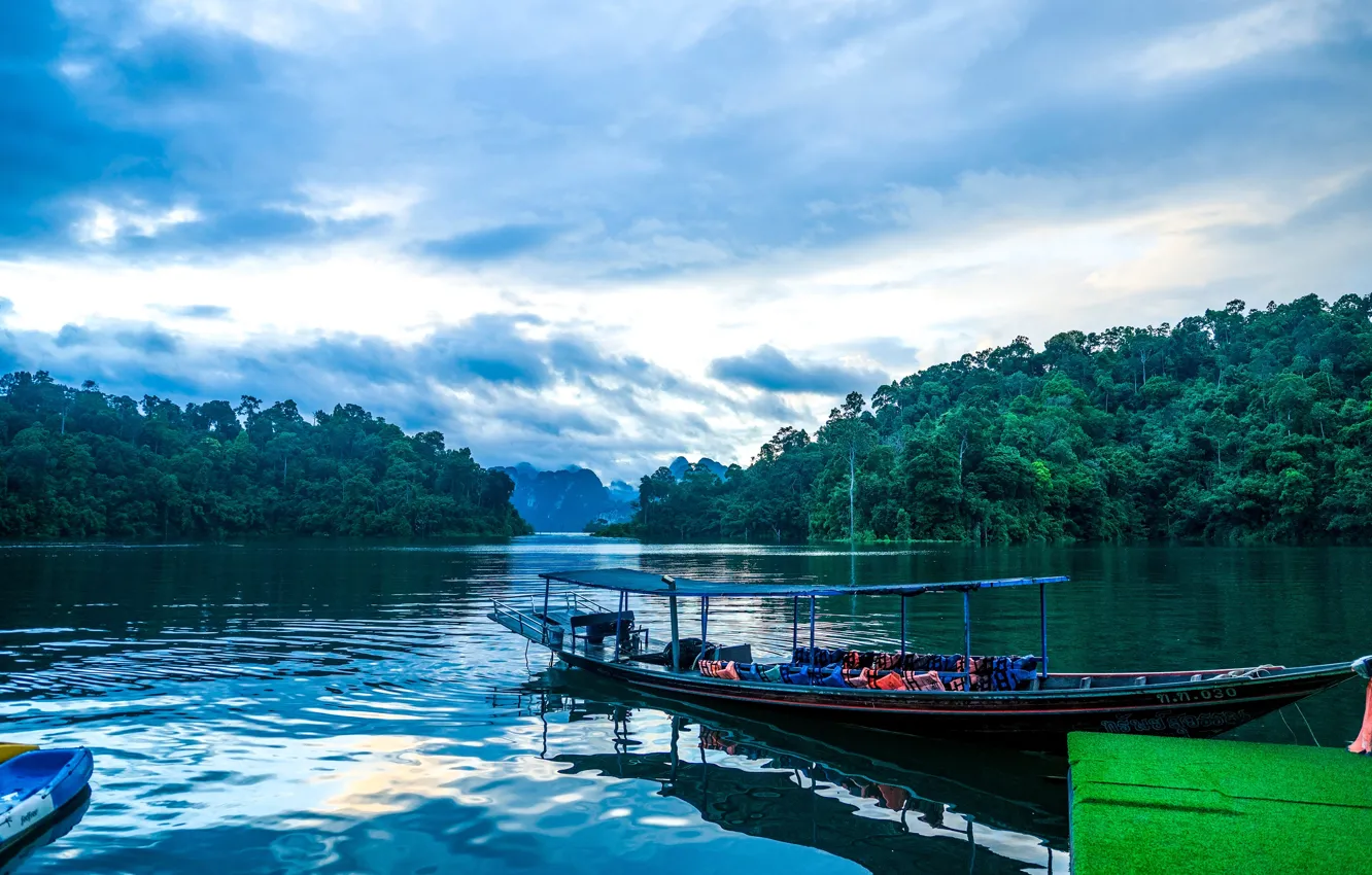 Photo wallpaper forest, the sky, clouds, trees, lake, shore, boats, Thailand