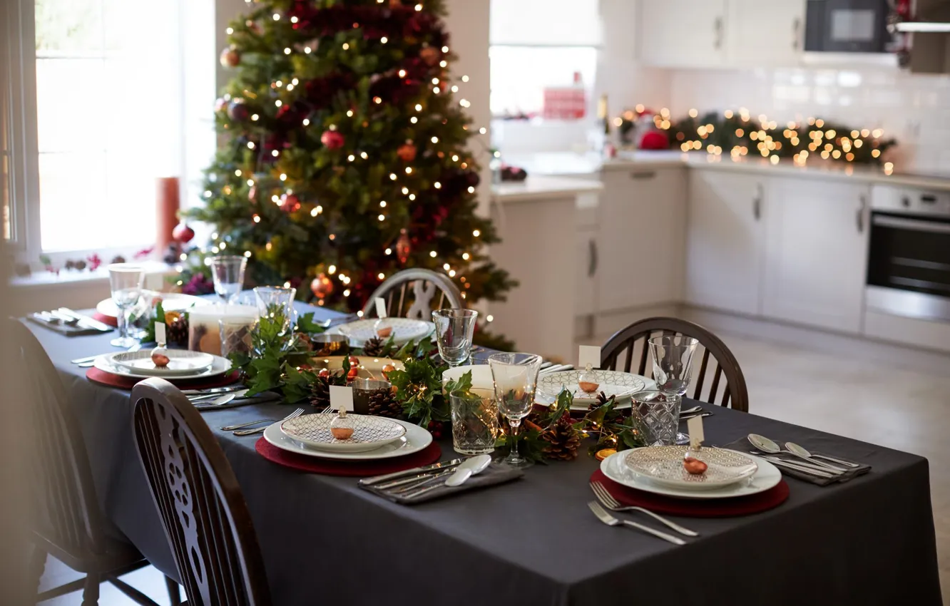 Photo wallpaper decoration, lights, holiday, glass, tree, new year, candles, Christmas