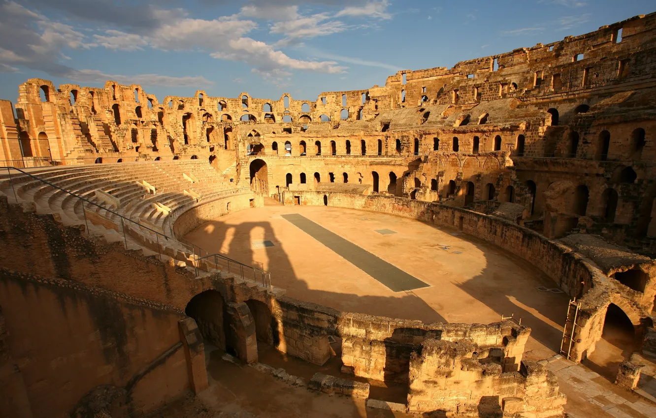 Photo wallpaper the sun, architecture, Tunisia, Tunisia, El Jam Amphitheater, Amphitheatre of El Jem