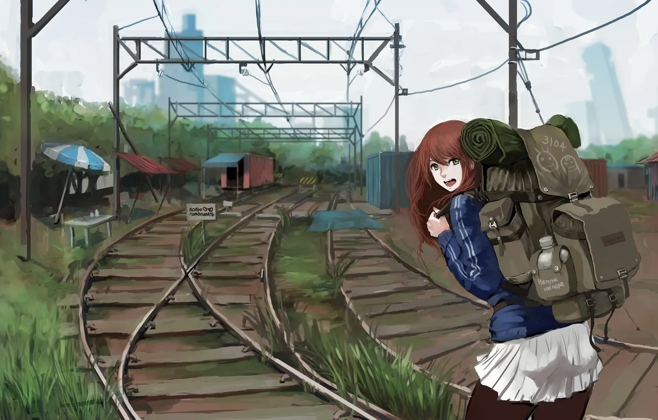 Photo wallpaper girl, the way, the city, smile, rails, home, anime, cars