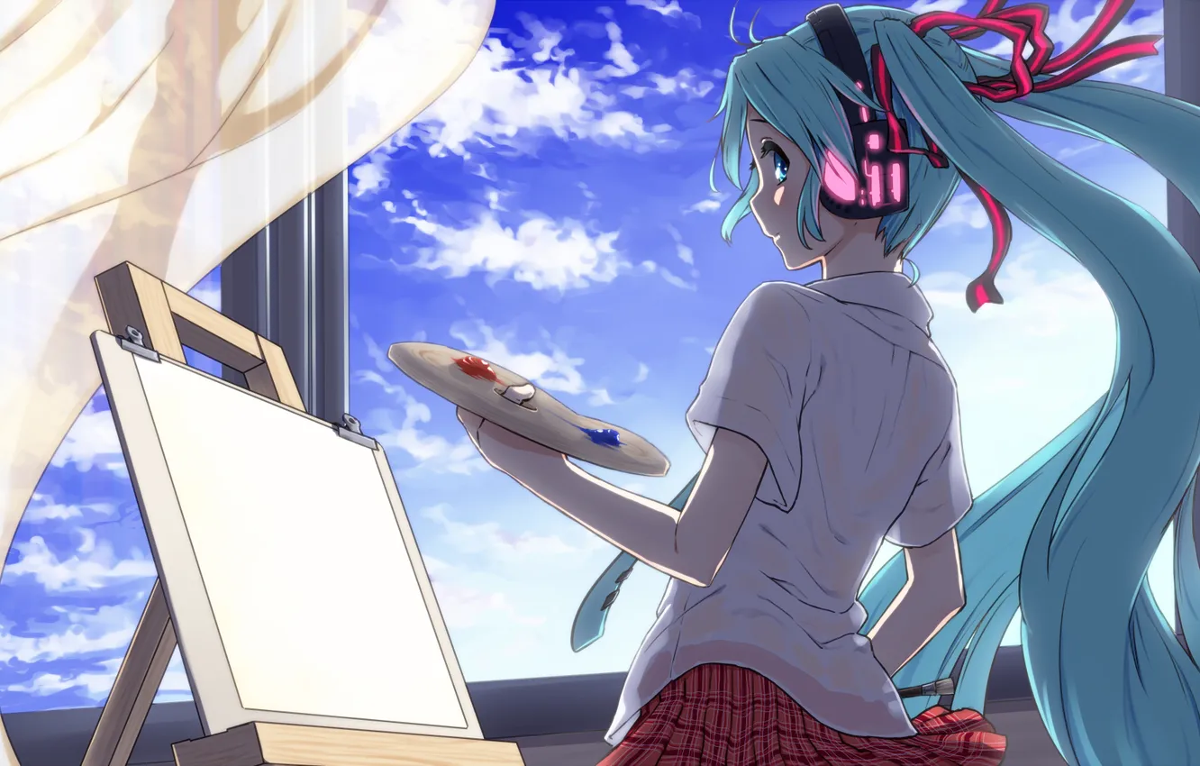 Photo wallpaper look, girl, paint, headphones, window, vocaloid, hatsune miku, canvas