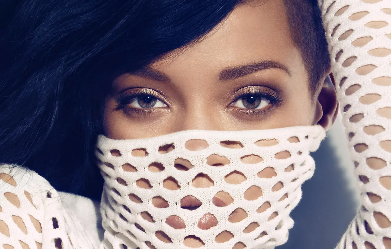Photo wallpaper eyes, look, girl, face, black, hair, singer, Rihanna