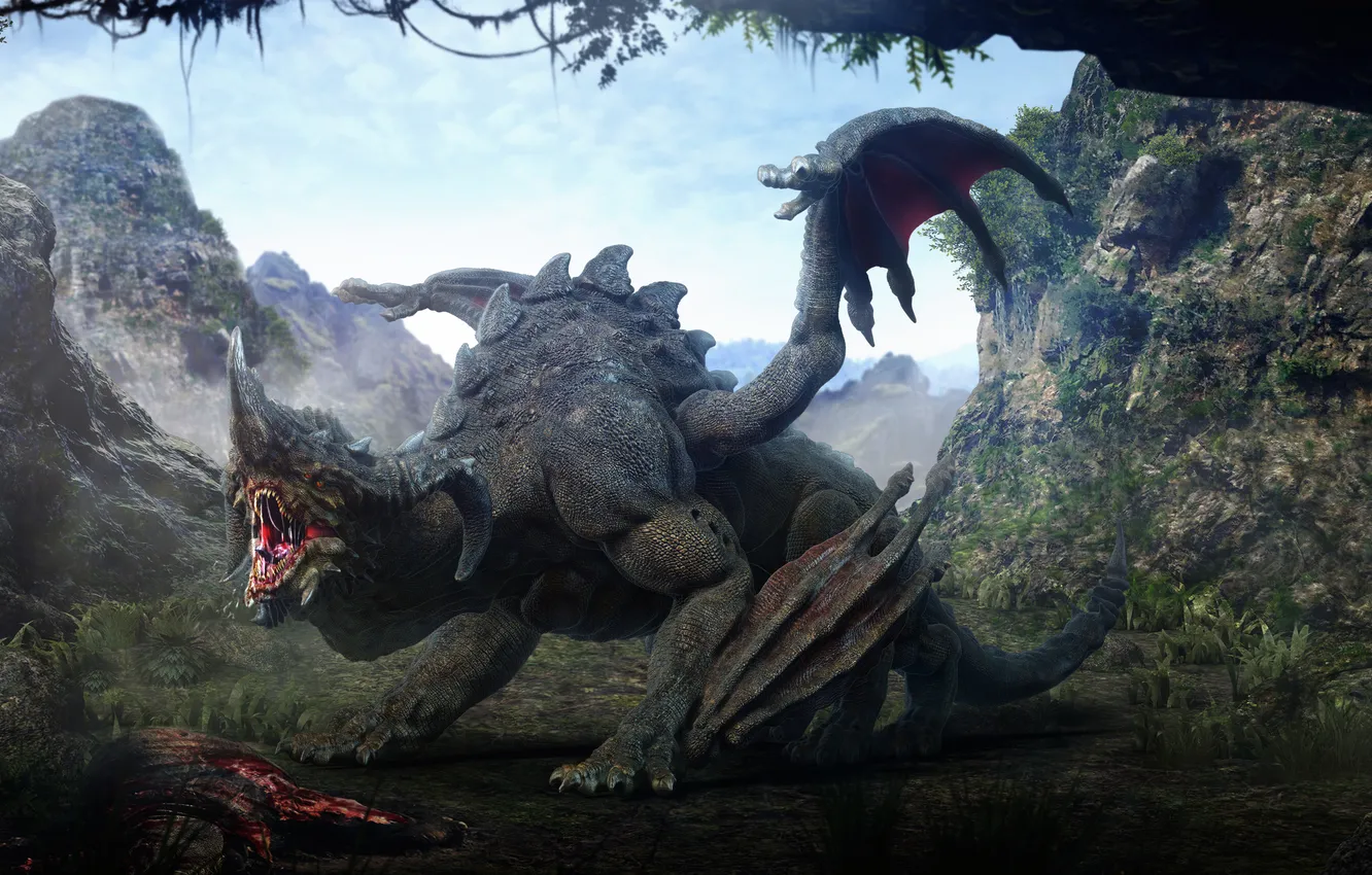 Photo wallpaper forest, mountains, dragon, wings, cave, darok