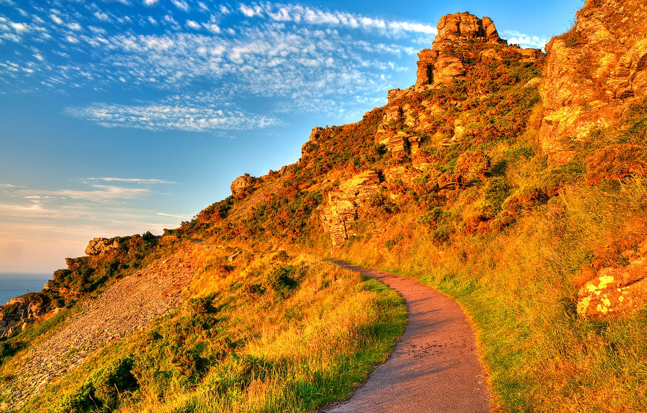 Photo wallpaper road, the sky, grass, clouds, sunset, mountains, trail, slope