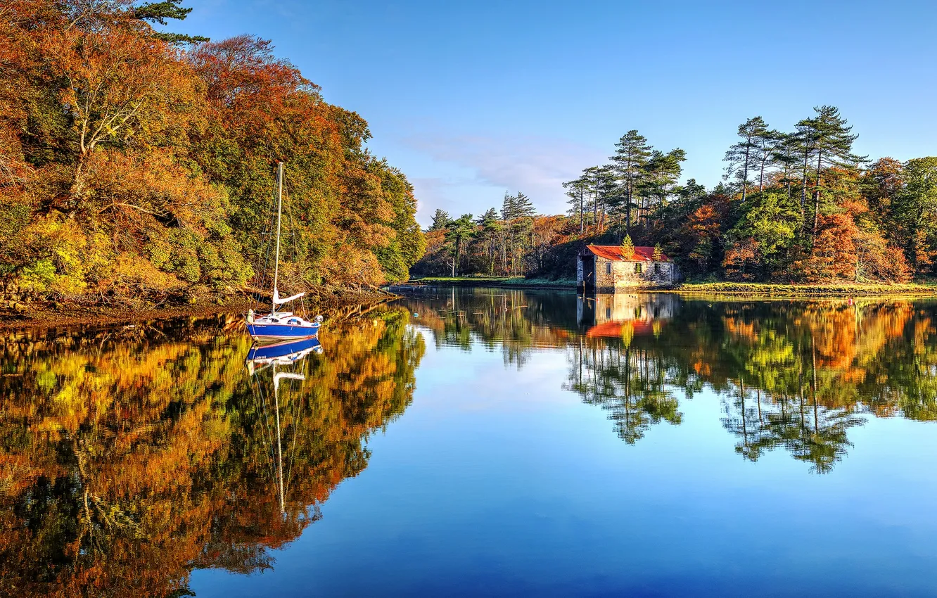 Photo wallpaper autumn, lake, boat, yacht, house, Ireland, County Mayo