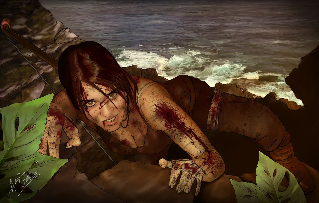 Photo wallpaper sea, wave, eyes, leaves, face, blood, hair, the game