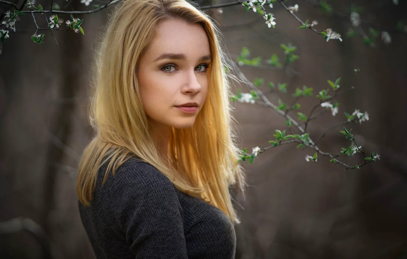 Photo wallpaper look, girl, flowers, branches, nature, portrait, spring, makeup