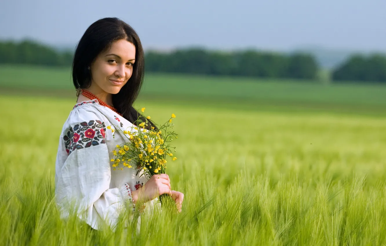 Photo wallpaper field, summer, girl, flowers