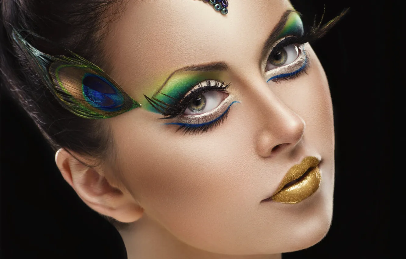 Photo wallpaper look, girl, eyelashes, background, makeup, green eyes, peacock feathers