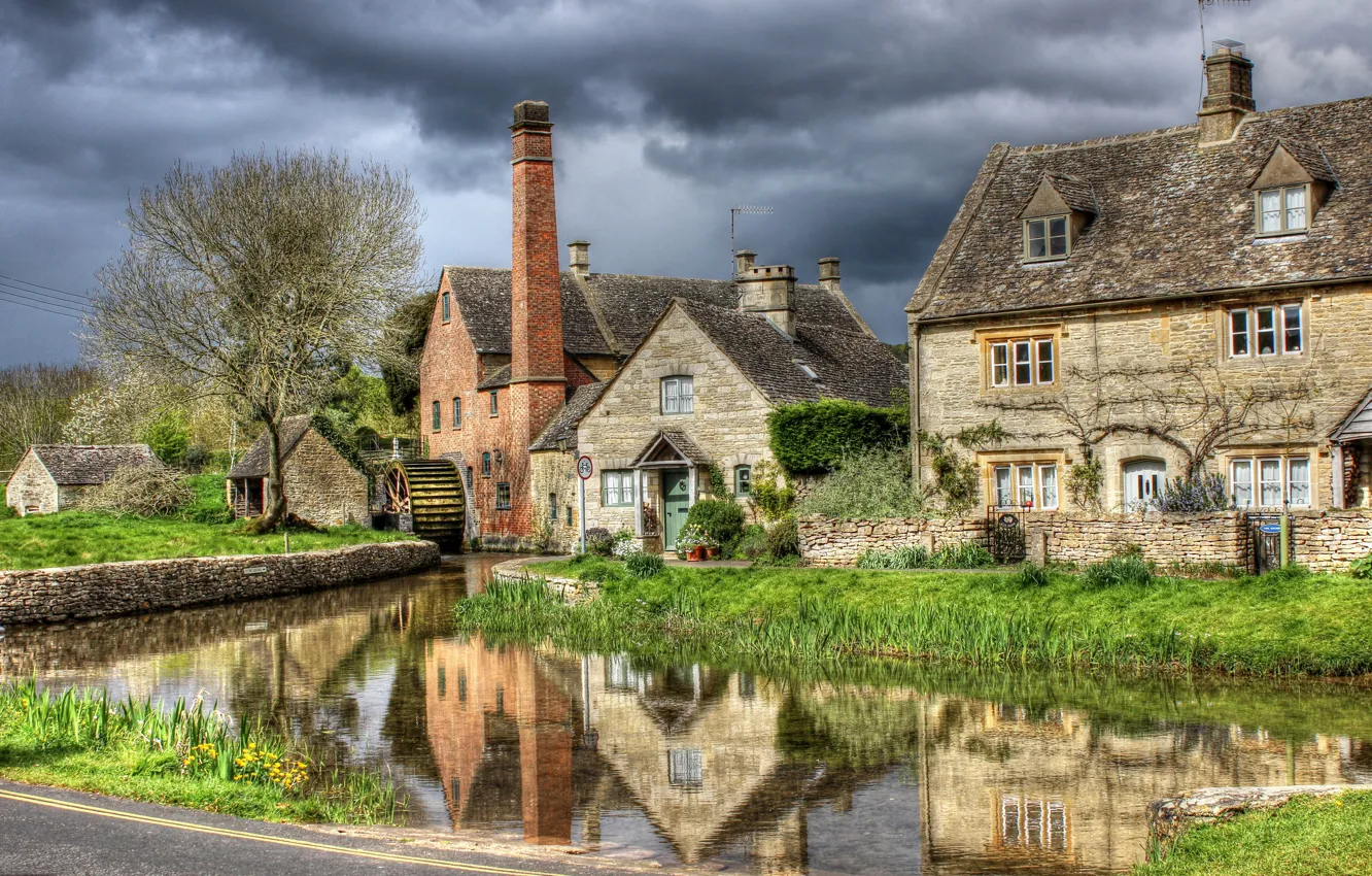 Photo wallpaper the sky, river, England, HDR, home, District, rivers, houses