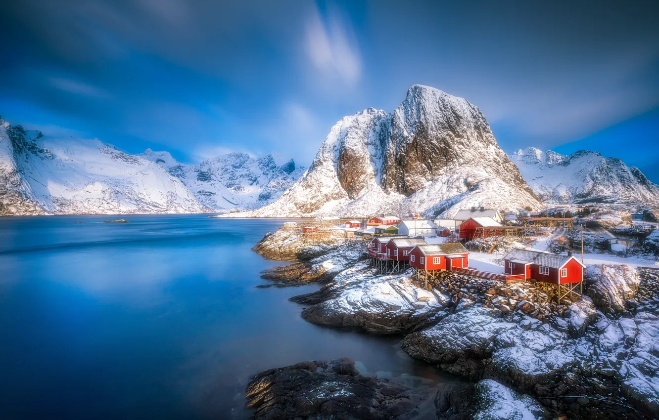 Photo wallpaper winter, water, mountains, village, Norway, houses, Norway, the fjord