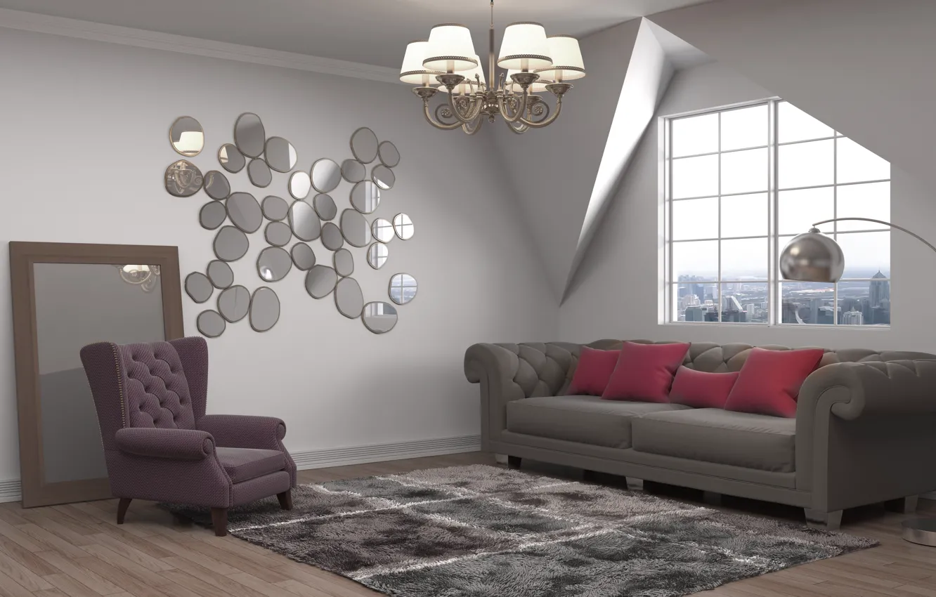 Photo wallpaper chandelier, interior, sofa, Nikita Kuzmenkov, living room, mirror, chair, decor