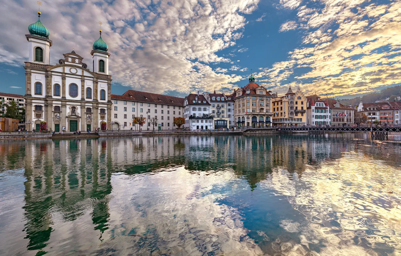 Photo wallpaper river, building, home, Switzerland, Church, promenade, Switzerland, Lucerne