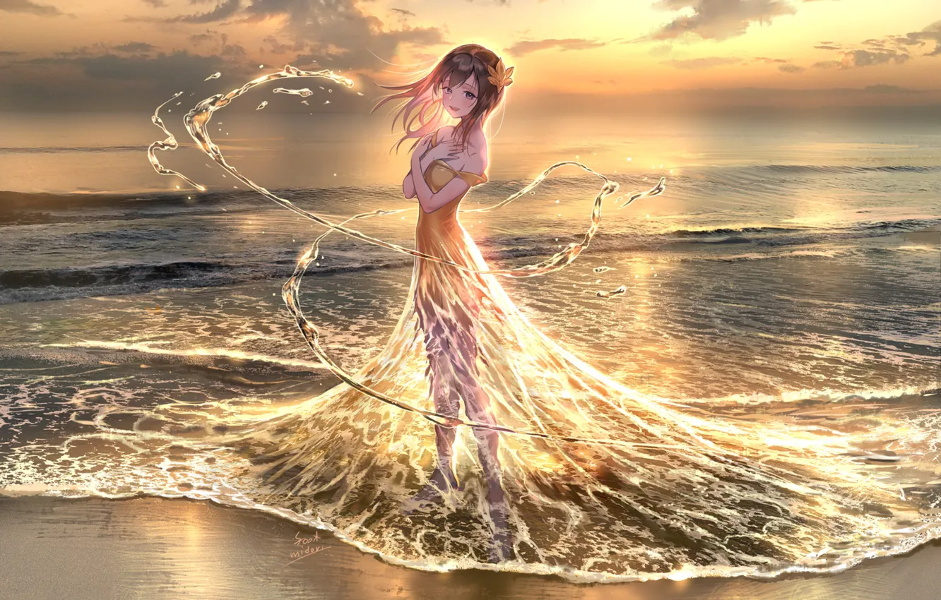Photo wallpaper beach, water, girl, sunset, magic