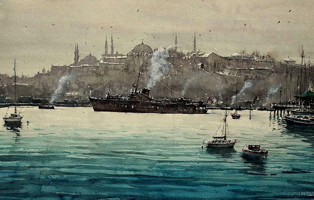 Photo wallpaper Strait, boat, ship, picture, watercolor, Istanbul, the urban landscape, The Bosphorus