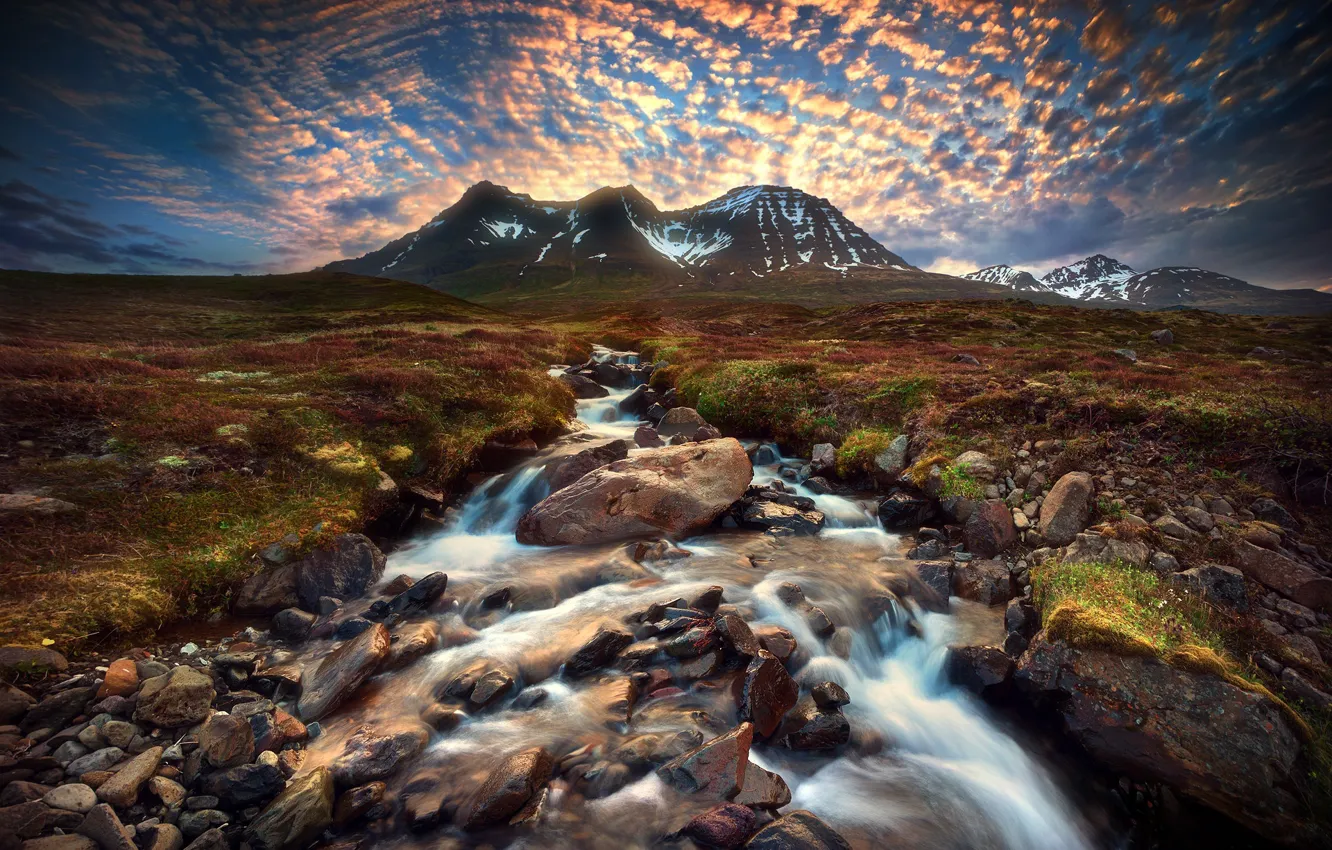 Photo wallpaper the sky, clouds, mountains, river, stones, stream