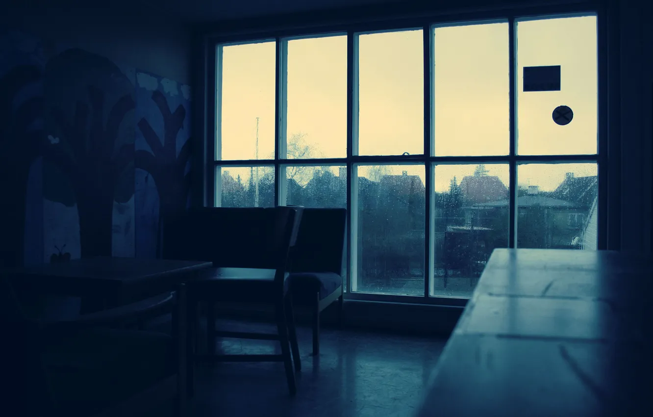 Photo wallpaper drops, darkness, room, rain, window