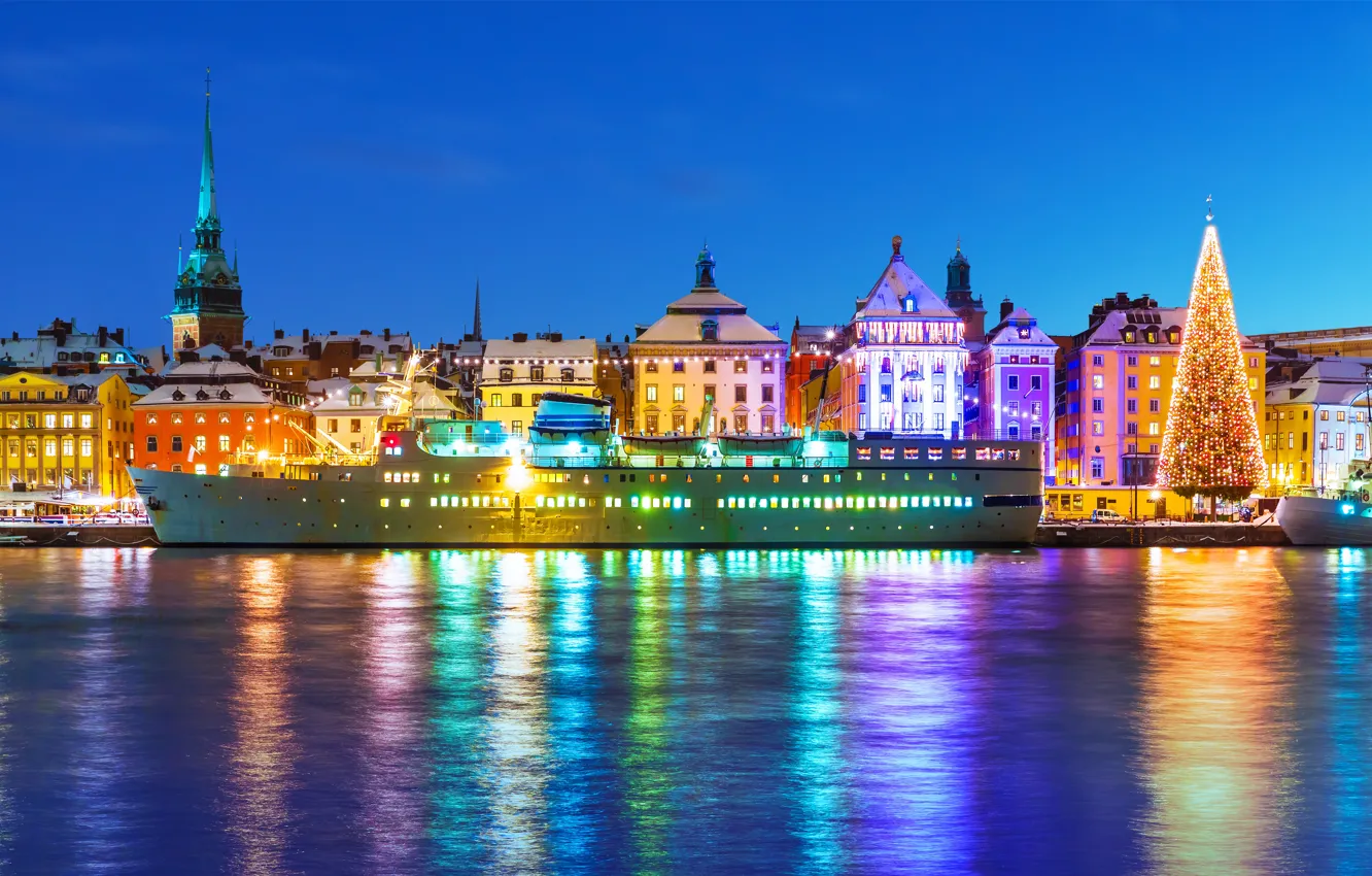 Photo wallpaper decoration, city, the city, lights, street, tree, new year, Christmas