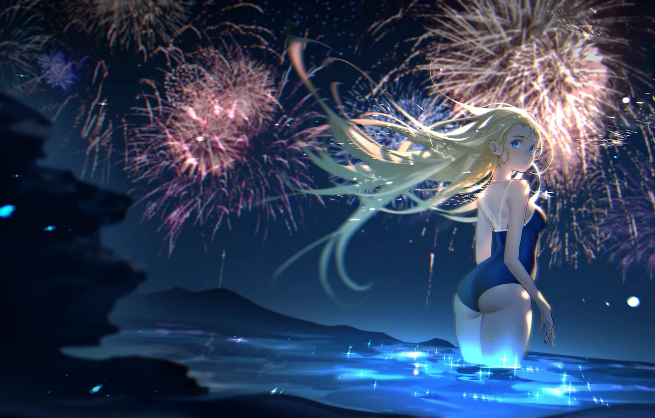 Photo wallpaper swimsuit, look, water, girl, night, fireworks, TID, SummerTime Render