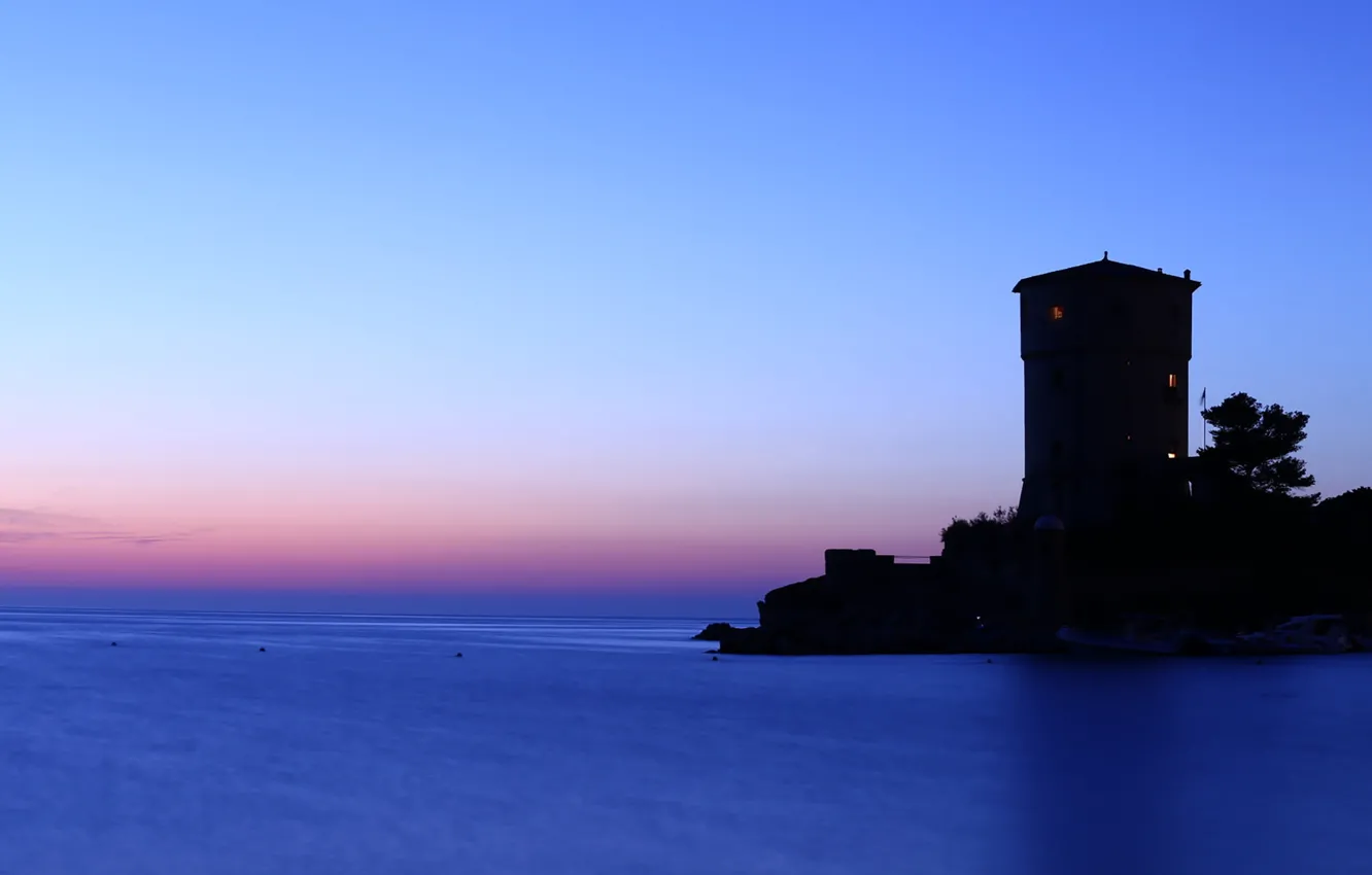Photo wallpaper twilight, tower, sea, ocean, seascape, island, dusk, horizon
