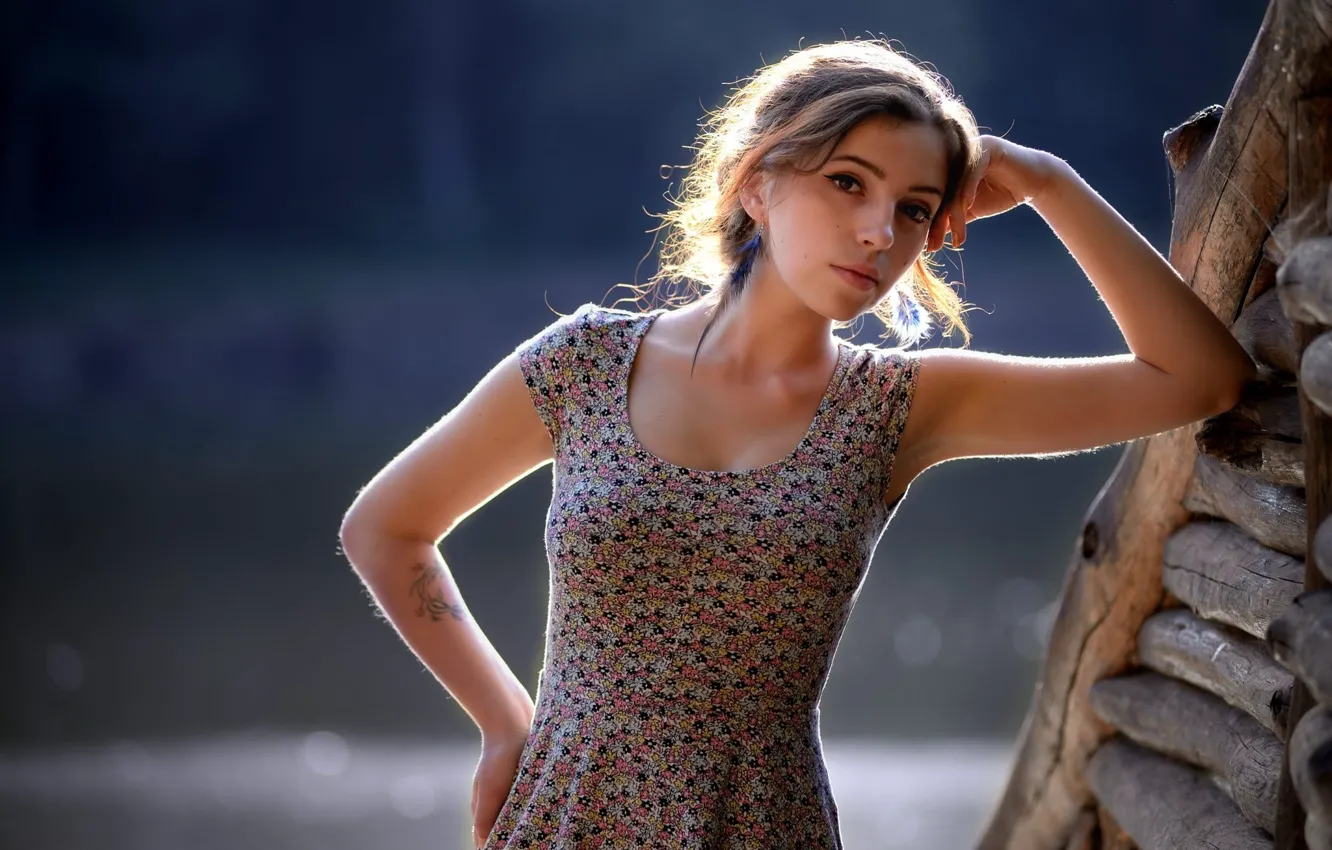 Photo wallpaper girl, model, tattoo, women, bokeh, brunette, looking at viewer, Summer Dress