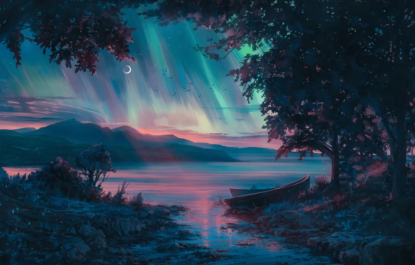 Photo wallpaper moon, sky, trees, landscape, nature, water, mountains, birds