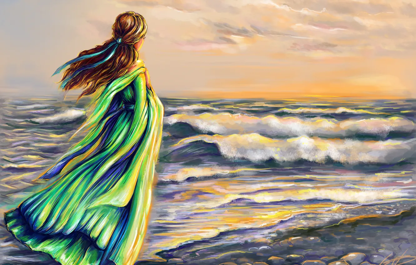 Photo wallpaper sea, wave, the sky, girl, clouds, hair, back, art