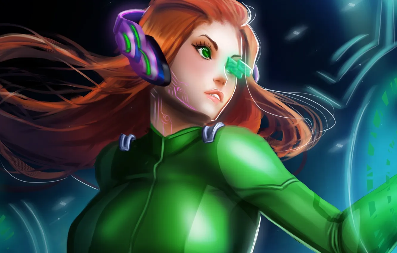 Photo wallpaper girl, interface, headphones, red