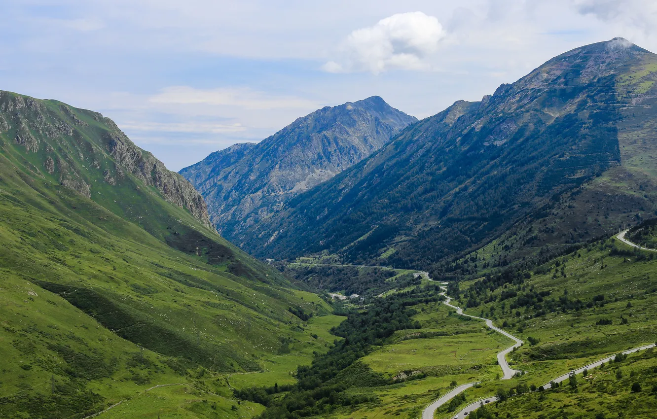 Photo wallpaper road, clouds, mountains, valley