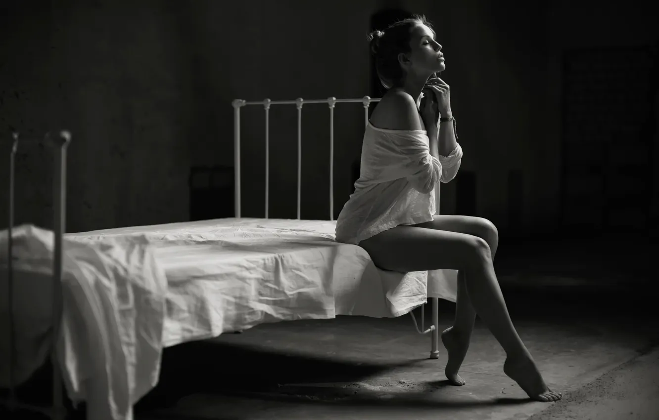 Photo wallpaper girl, room, one, bed