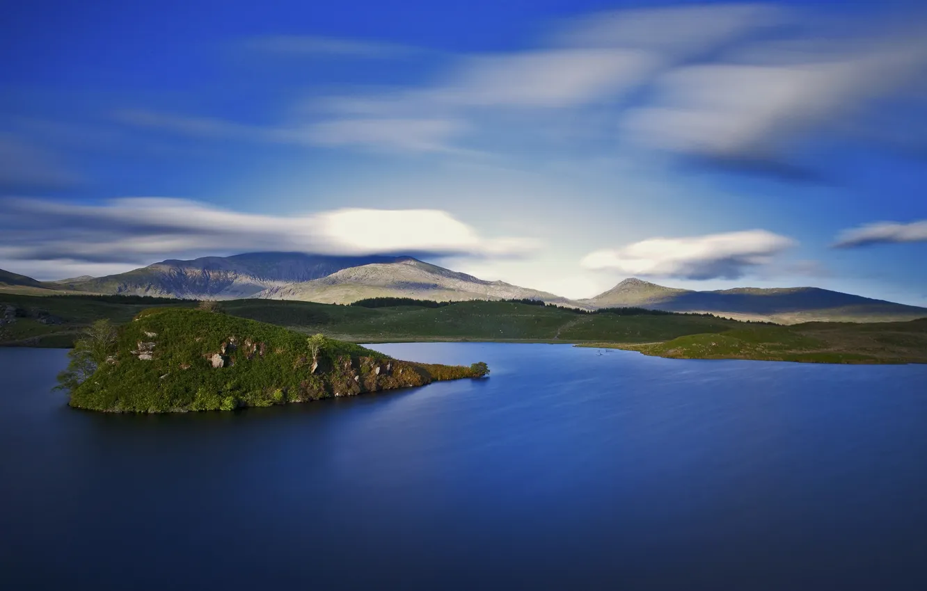 Photo wallpaper the sky, clouds, trees, mountains, lake, rocks, island