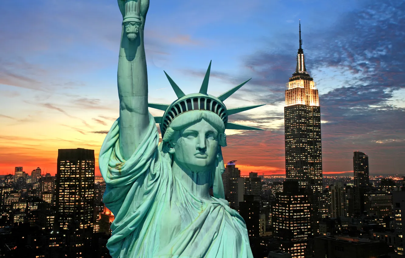 Photo wallpaper night, city, the city, lights, lights, New York, horizon, the statue of liberty