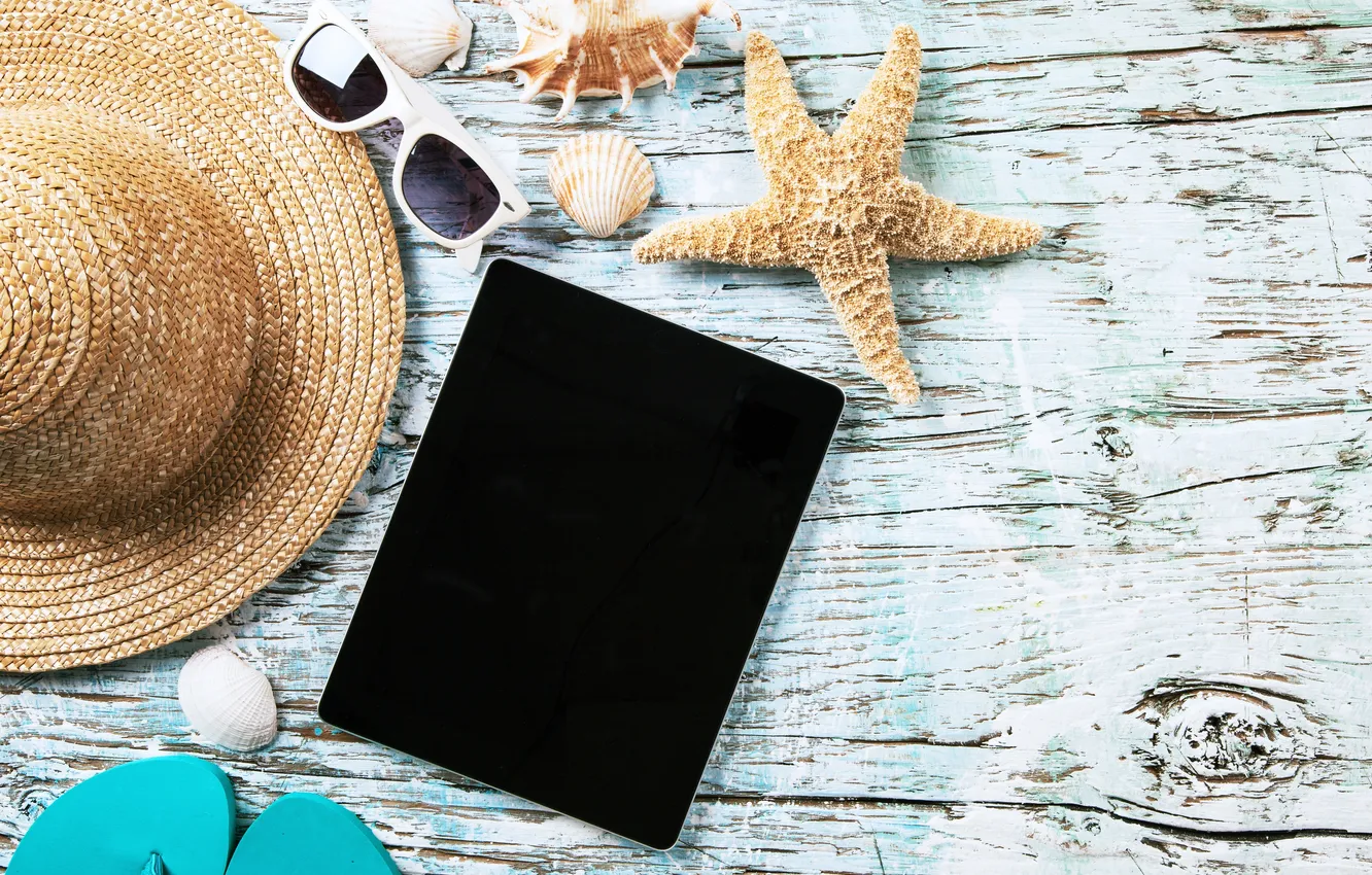 Photo wallpaper hat, glasses, shell, starfish, tablet, slates