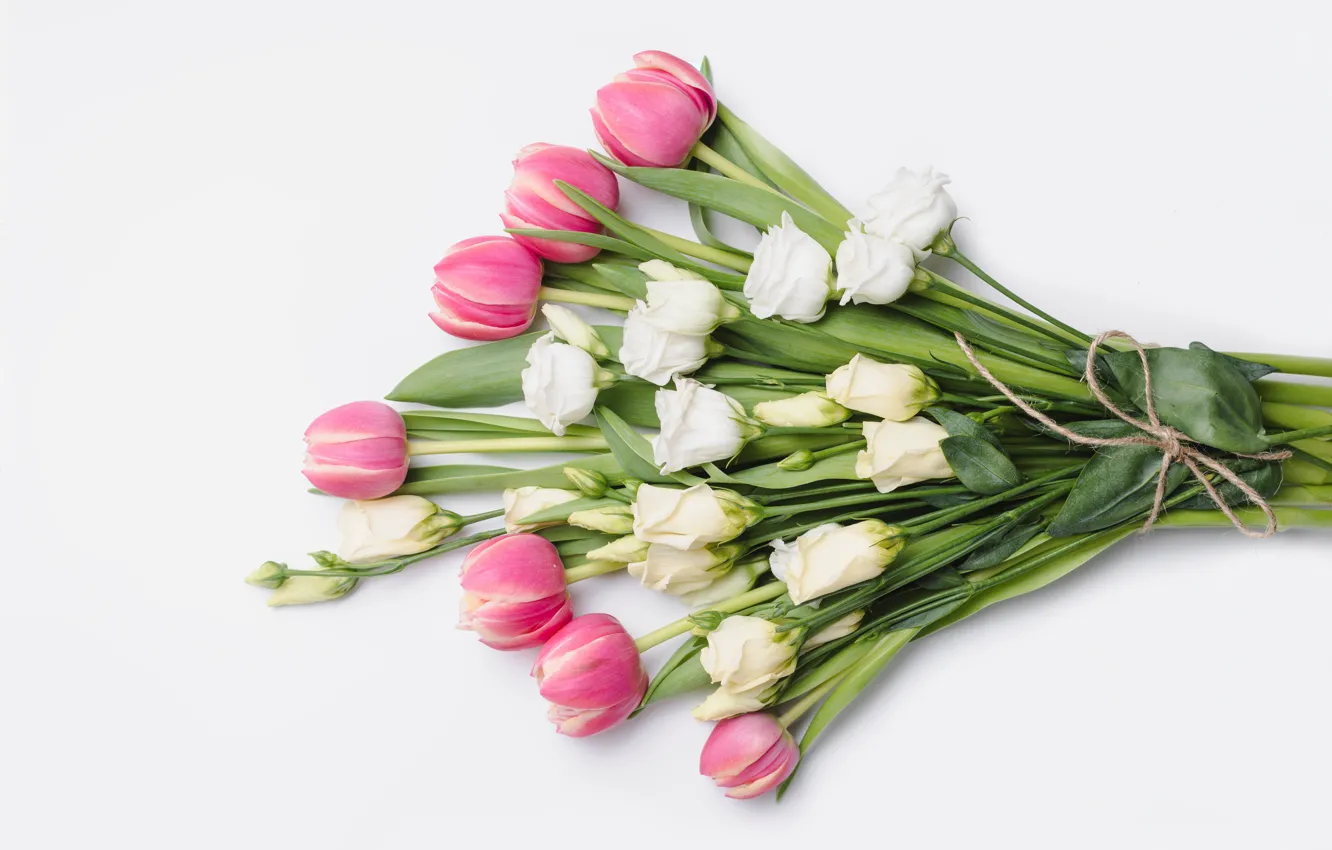 Photo wallpaper flowers, roses, bouquet, tulips, pink, white, white, buds